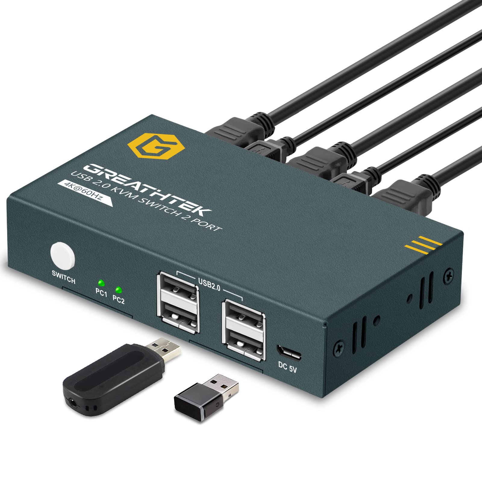 Product: KVM Switches 2 Port 4K@60Hz, GREATHTEK KVM Switch HDMI Share USB  2.0 Devices with 4 USB Hubs, 2 Computers 1 Monitor Share Keyboard