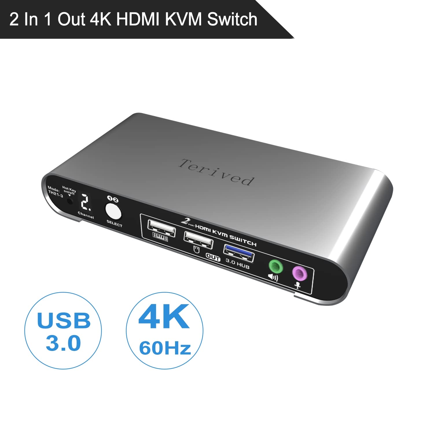 Terived 2 Port HDMI USB 3.0 KVM Switch Side View