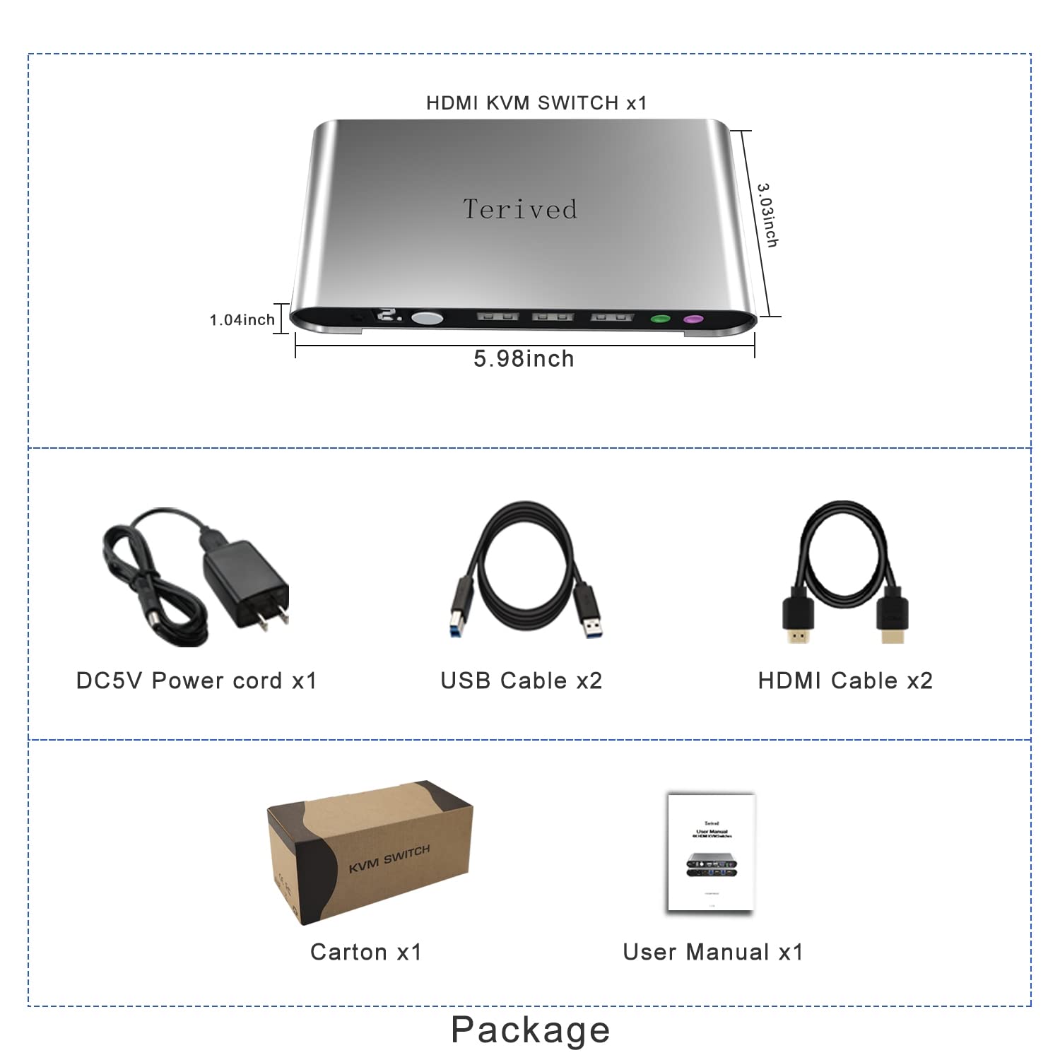 Terived 2 Port HDMI USB 3.0 KVM Switch with Cables